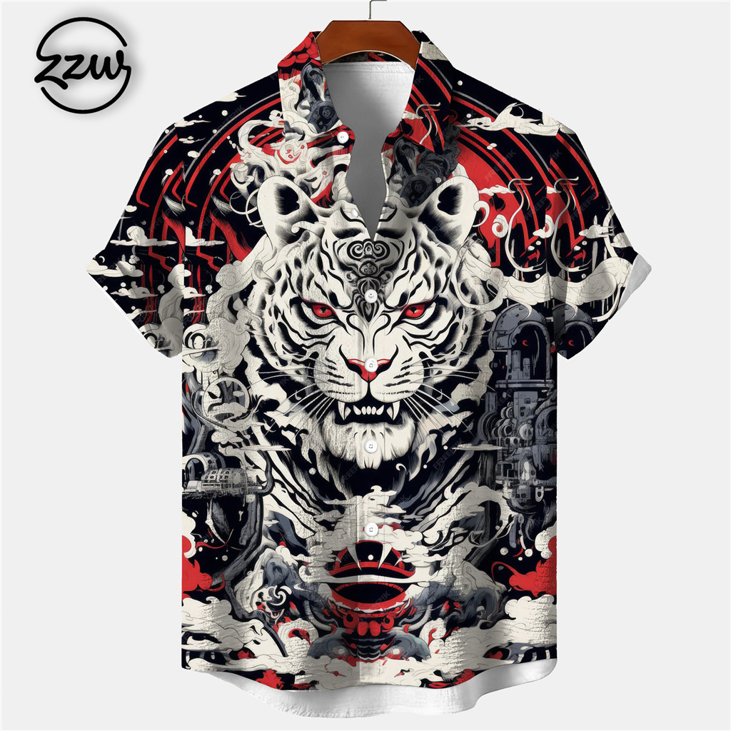 ใหม่ เสื้อเชิ้ตแขนสั้นผู้ชายลายเสือ | ชุดชายหาดลําลองสตรีตัวหนา 02