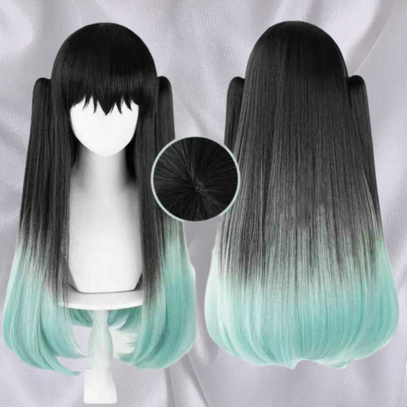 วิกผมลาย Demon Slayer สำหรับ Cosplay เป็นTokito Muichiro Kasumi สีดำไล่ระดับ มียางม้า