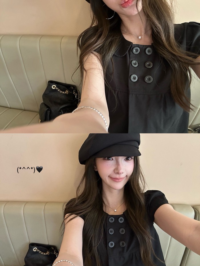 Blouse ลีโคลล์คอตตอนแขนสั้น ดีไซน์สองหุบเข่า สไตล์เอไลน์สำหรับฤดูร้อน
