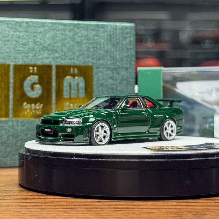PGM 1: 64 Nissan Nissan GTR R34 Nismo Z-Tune British Green โมเดลรถโลหะผสมเปิดเต็มรูปแบบ