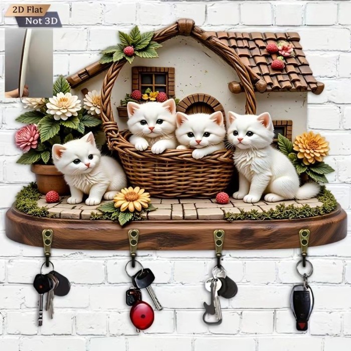 🐱🏠 ที่ใส่กุญแจทรงบ้านหลังน้อยลายแมวสีขาว พร้อมตะขอโลหะ 4 อัน ทำจากไม้ขัดเงา ใช้งานอเนกประสงค์ ตกแต่งได้ด้วย รุ่นใหม่ 2026 🔑✨