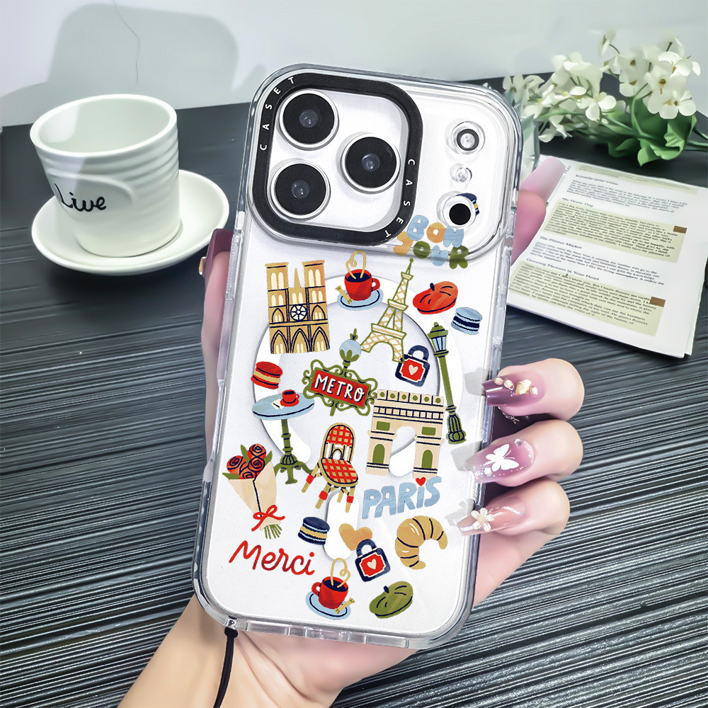 Eiffel Paris Tower Label สติกเกอร์ไร้สายชาร์จแม่เหล็กสําหรับ IPhone 16E 14 PLUS 11 12 13 15 16 17 Pr
