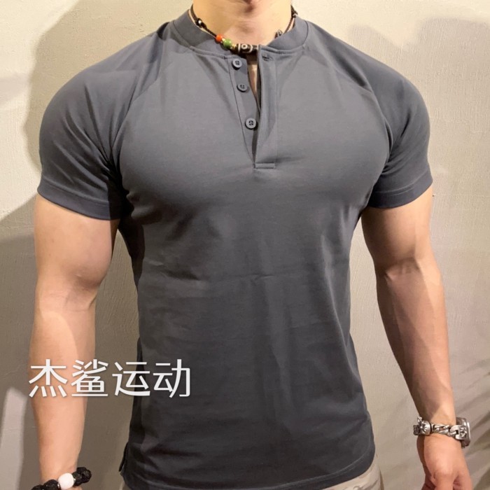 เสื้อโปโล GYMSHARK สไตล์ลำลองผู้ชาย แขนสั้น กับกระดุมและปกHENRY