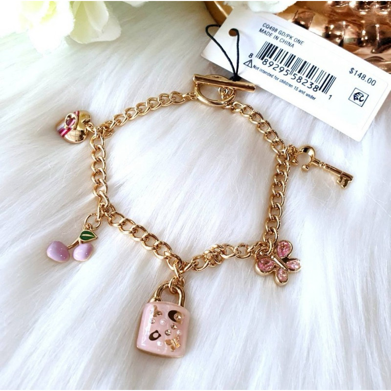 สร้อยข้อมือ Coach Resin Padlock Charm Bracelet Gold/Pink CQ498
