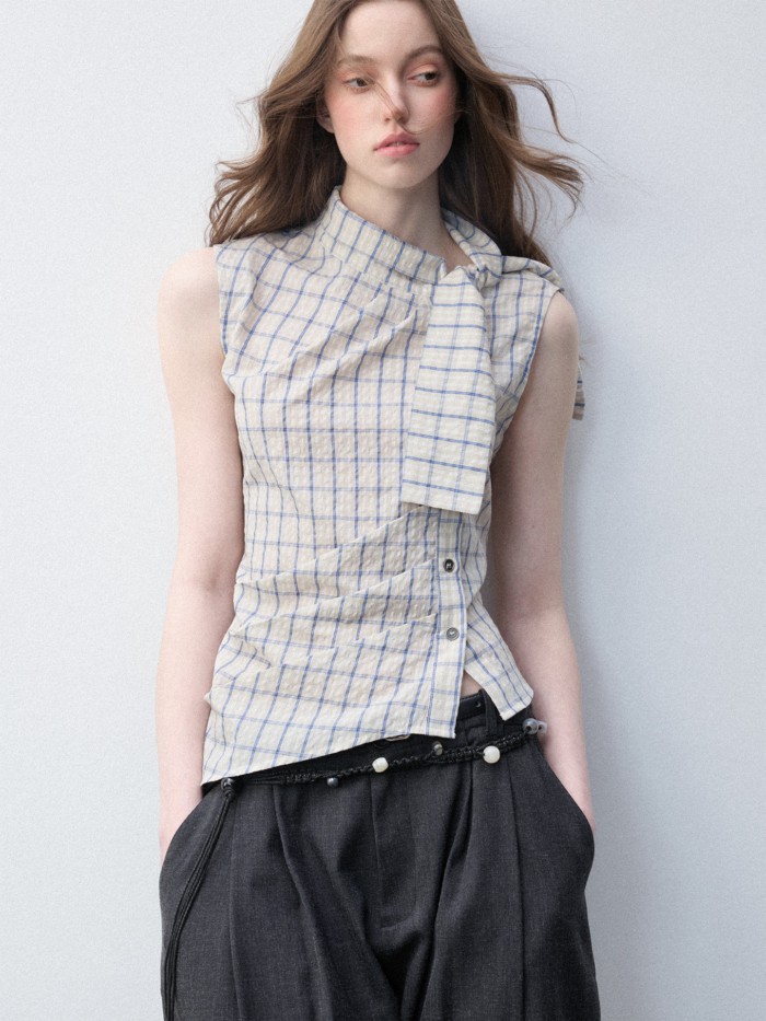 Shanmieleng เสื้อลายสก๊อตแบบโคเต่า ดีไซน์ Lace-Up สำหรับผู้หญิง สไตล์ใหม่ chic