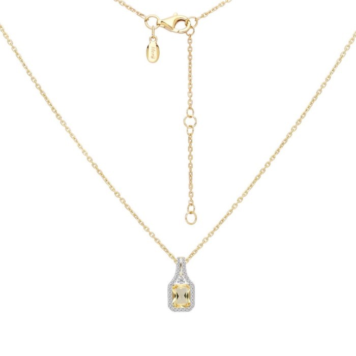 Merii สร้อยคอพร้อมจี้เงินชุบทอง 23K ประดับ Citrine Nanocrystal ทรง Octagon ล้อมเพชร CZ