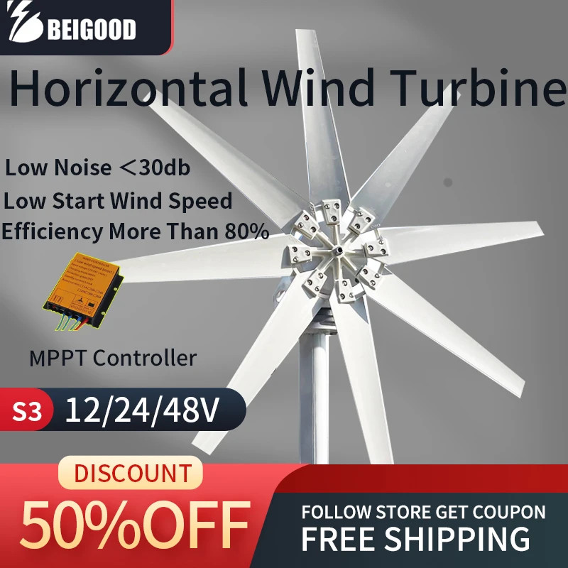 2000W 1000W 8 Blades New Energy Horizontal Wind Turbine Generator 12v 24v 48v Home Use Low Noise Sm