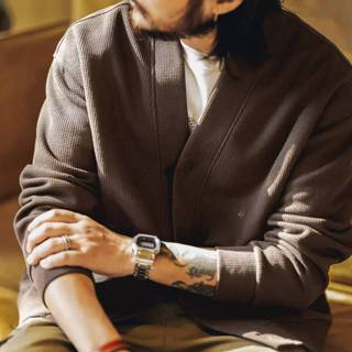 American retro waffle cardigan long sleeved sweatshirt men's…