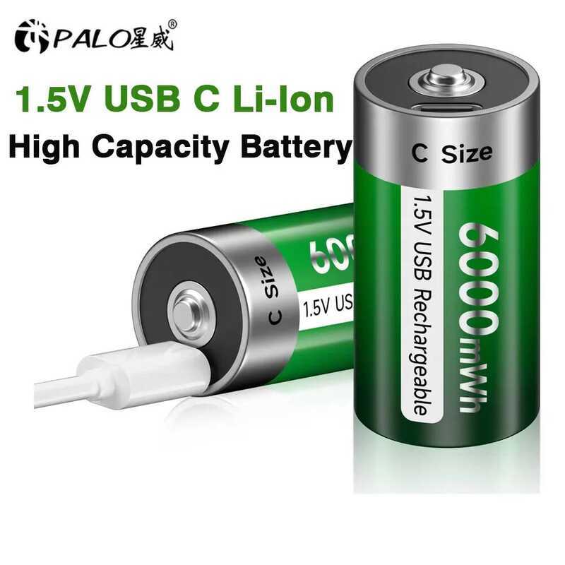 C PALO 6000Mwh 1.5V C Size Rechargeable Battery Type C USB Charging R14 Lr14 Li-Ion C Battery Batte