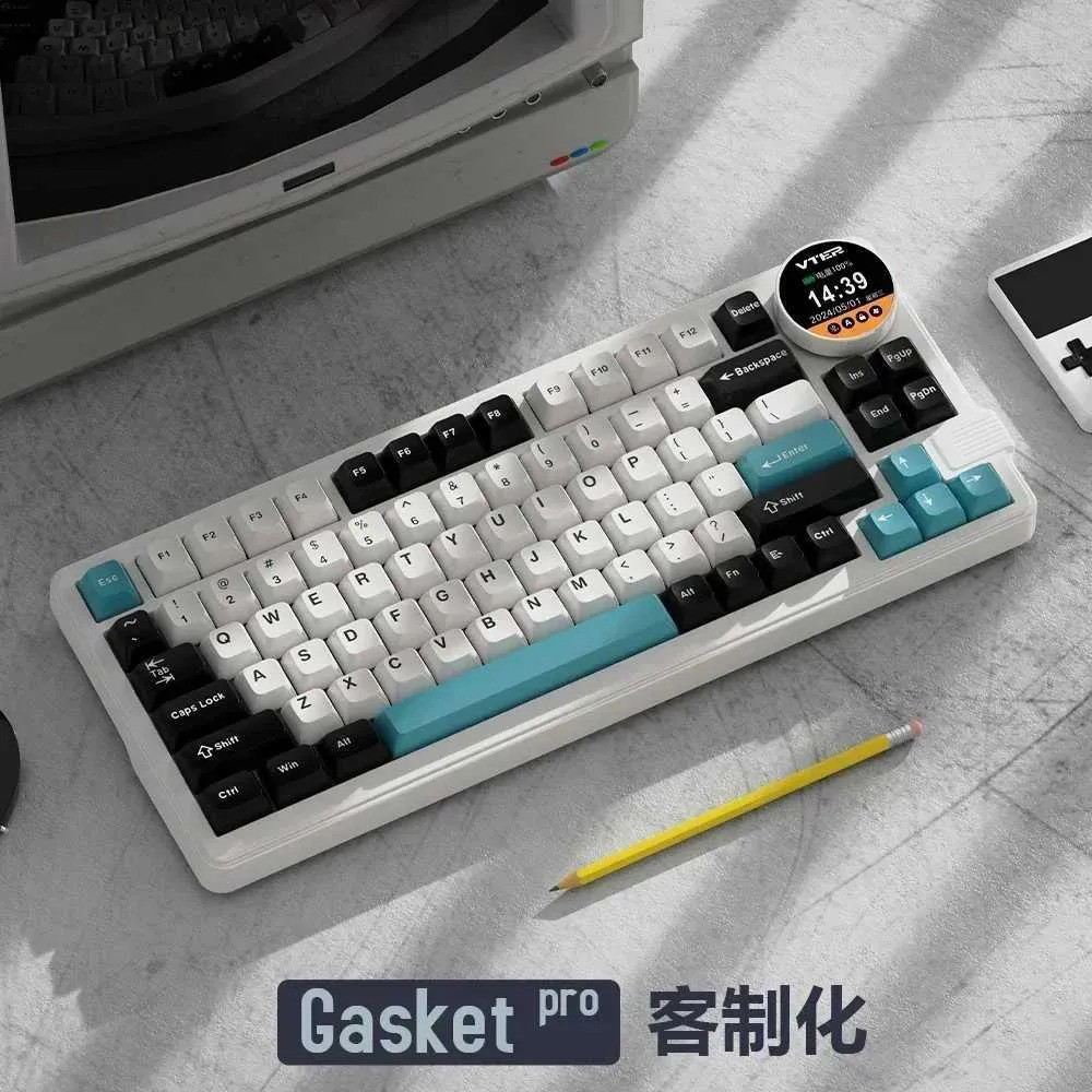 Feker K75 คีย์บอร์ดเกม 3 โหมด 2.4G คีย์บอร์ดไร้สายบลูทูธ 83keys RGB พร้อมลูกบิดหน้าจอ Pbt Gamer คีย์