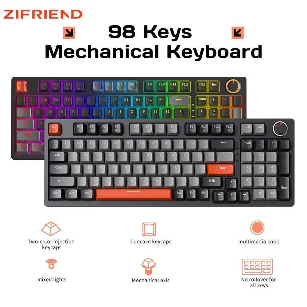 ZIFRIEND KA981 ขนาด RGB คีย์บอร์ดแบบมีสาย USB คีย์บอร์ด 98 คีย์สีแดง/สีฟ้าสวิทช์ Hot Swappable สําหร