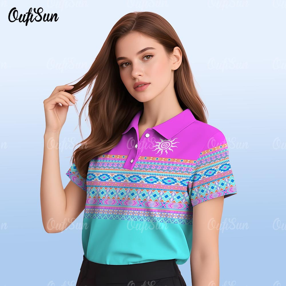 Retro เสื้อโปโลผู้หญิง 3D ระเหิดสีดําสีขาว Aztec Geometric Stripe Sun Totem แขนสั้นอินเทรนด์ 2026 To