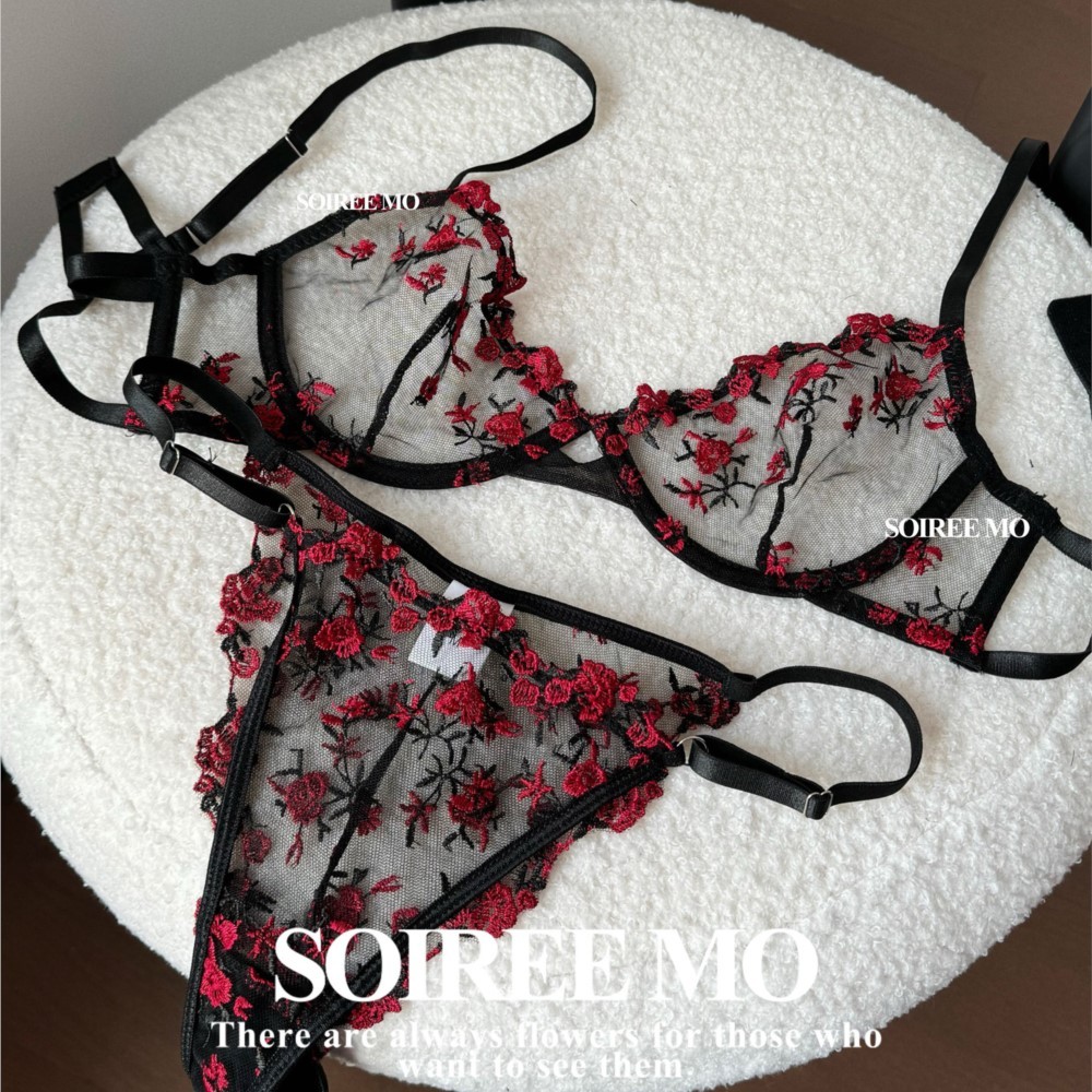 ผู้หญิง Floral Lace Bralette & Thong Set ชุดชั้นในตาข่ายโปร่ง ไม่มีฟองน้ำ