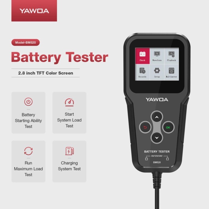 BM520 6V 12V 24V Car Battery Tester Truck Battery System Test Tool 12 Volts Battery Analyzer Cranki