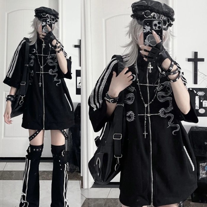 *Snake Scale Lunar Eclipse * Snake พิมพ์แขนสั้น National Trend Zipper Sweatshirt Subculture Y2k ชุดก