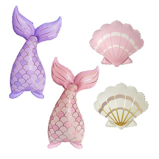 สีชมพูสีม่วงหางนางเงือกฟอยล์บอลลูนครีมเปลือกหอยทะเลสําหรับภา…