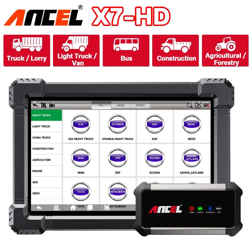 2024 Ancel X7 HD 24V 12V Diesel Heavy Duty Truck Scanner ECU Coding All System Oil Reset Bi-directi