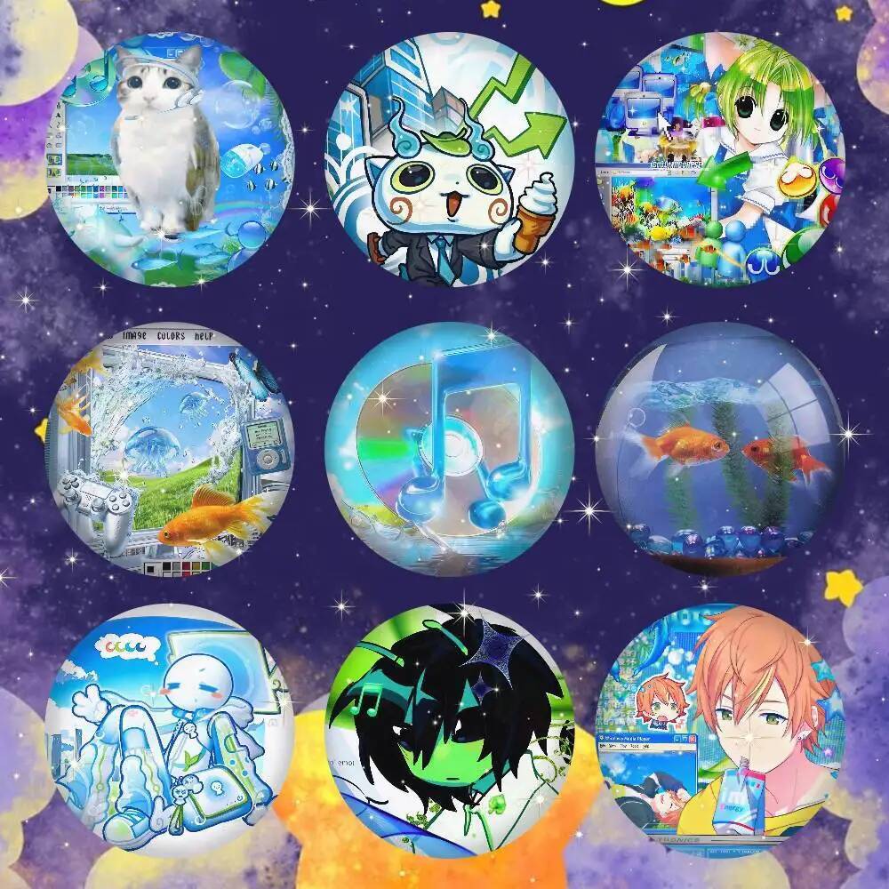Frutiger Aero Art Snap-in Pins ตัวการ์ตูนรอบเข็มกลัดสร้างสรรค์สําหรับกระเป๋าเป้สะพายหลังอุปกรณ์เสริม