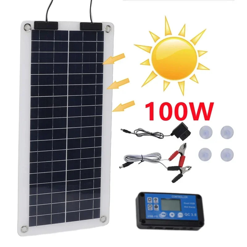 100W Solar Panel Charger Waterproof Trickle Charger Solar Battery Maintainer Dual Output For 12V-24