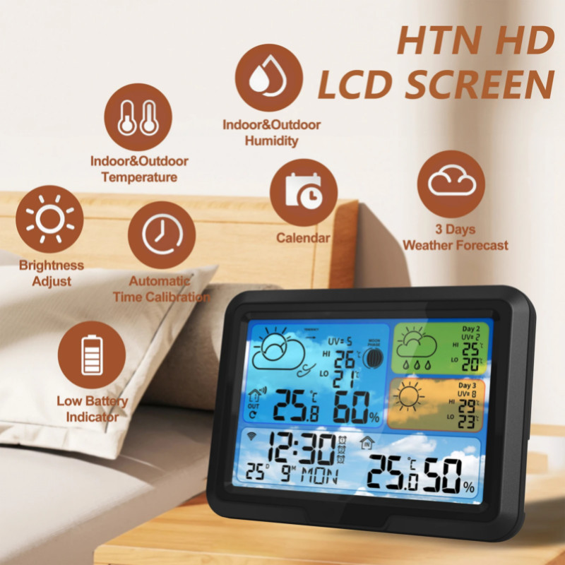 WiFi Weather Station Indoor/Outdoor Home Weather Thermometer with APP Control Color Display Digital