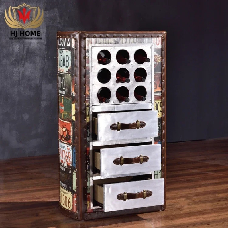 HJ HOME Vintage Steamer Trunk Storage Classic Aviation Bar Furniture Retro Red Wine Cabinet