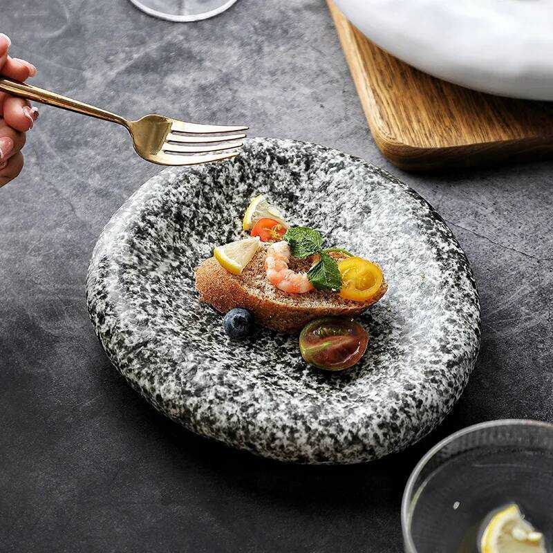 C Sushi Plate Home Dining Plate Japanese Steak Plate Creative Circular Stone Patterned Western Cuis