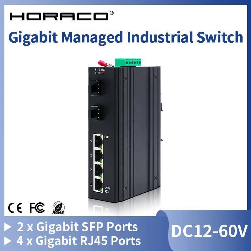 HORACO 6 พอร์ต Gigabit Managed Industrial Switch 1000Mbps Web Managed Network Ethernet Switch DIN Ra