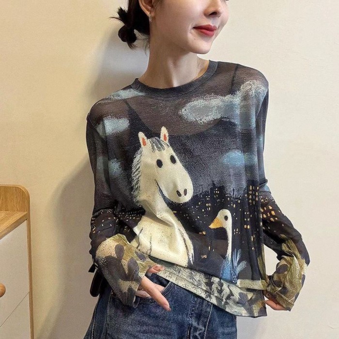 เสื้อยืดแขนยาวสำหรับผู้หญิง ฤดูร้อน ผ้าบางเบากันแดด