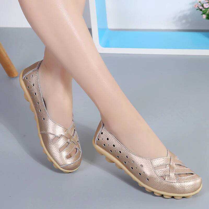 C Summer Women Flat Shoes Casual Shoes Leather Slip-On Lofers Ladies Non-Slip Cut Out Breathable Wo