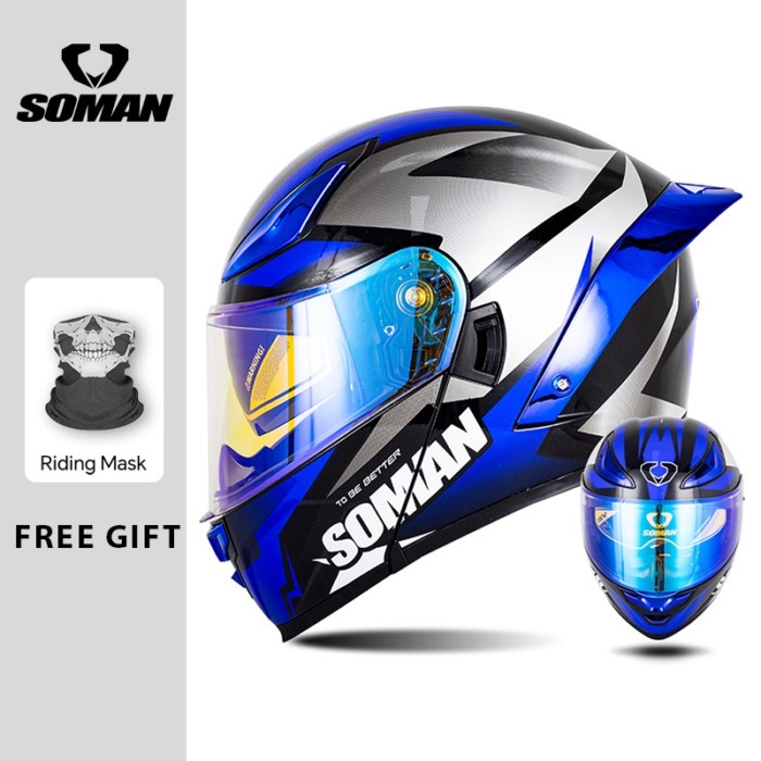 SOMAN Motorcycle Helmet Double Lens Flip Up Helmets with HD Colorful Visor Men Women Modular Full F