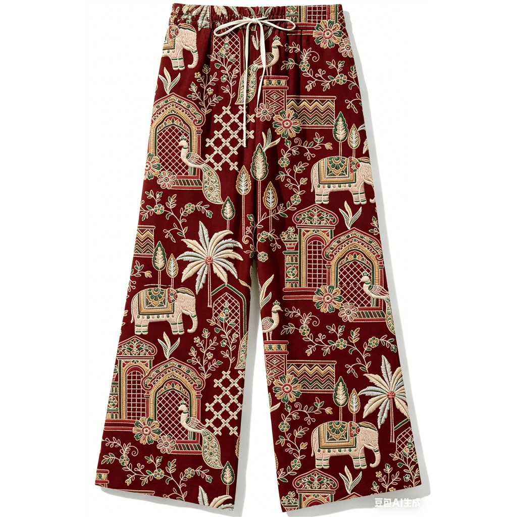 Boho Elephant Print กางเกงขากว้าง, Casual Drawstring Summer Beach Holiday Pants 04