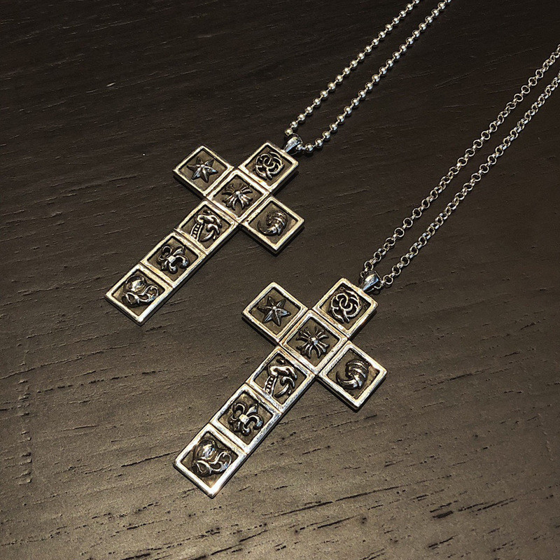 L9O6 Chr***rts Pure Silver Seven Elements Cross Pendant Necklace Vintage Hip Hop Unisex Couple Swea