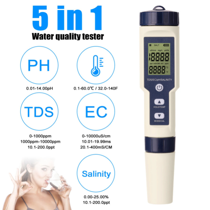 5 in 1 Professional Multi-parameter Combo Testing Meter PH/EC/TDS/Salinity/Thermometer Digital Test