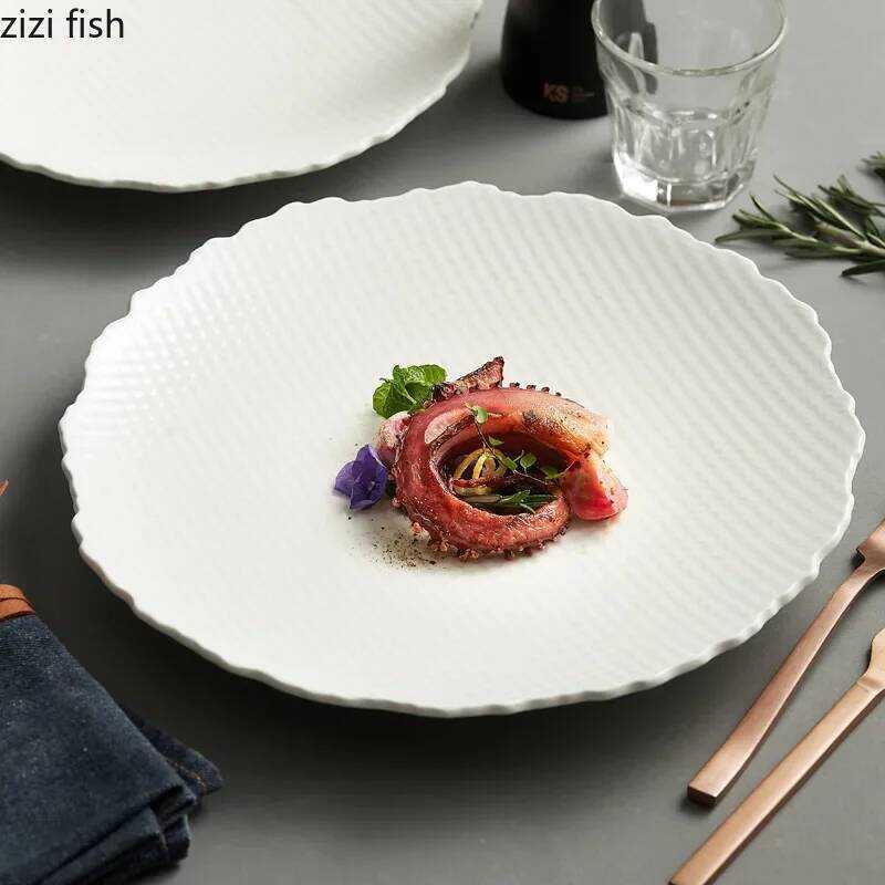 C Irgular Striped Shallow Plate Ceramic Steak Plate Salad Plate Pasta Plates Sushi Dish Service Pla