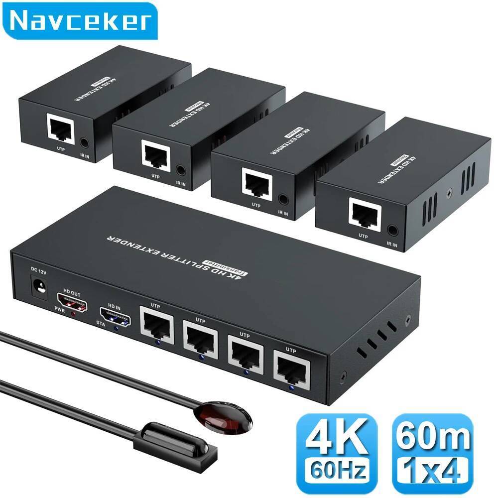 Navceker 4K 60Hz HDMI Extender Splitter 1x4 3D HDMI RJ45 Extender 60m Ethernet Transmission Over CAT