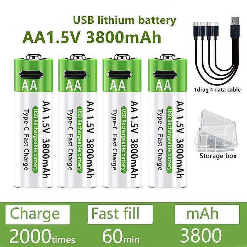 C Brand New Li-Ion AA Rechargeable Batteries USB Lithium-Ion 3800Mah 1.5V AA Rechargeable Batteries