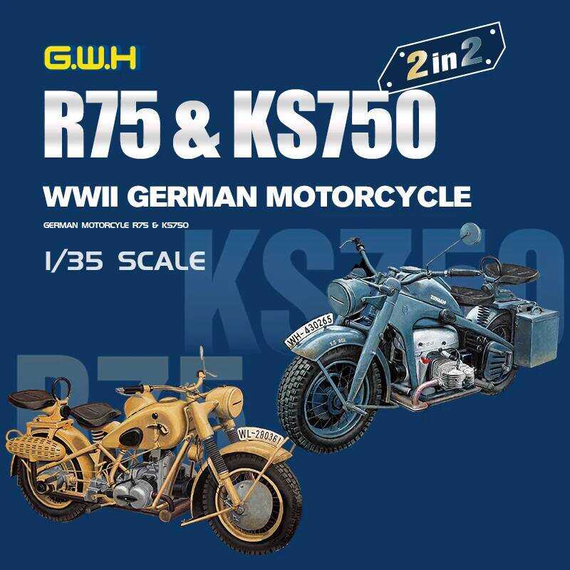 C Great Wall Hobby Scale Model Kit L3527 WWII German Motorcycle R75 & 750 2 In 2 1/35