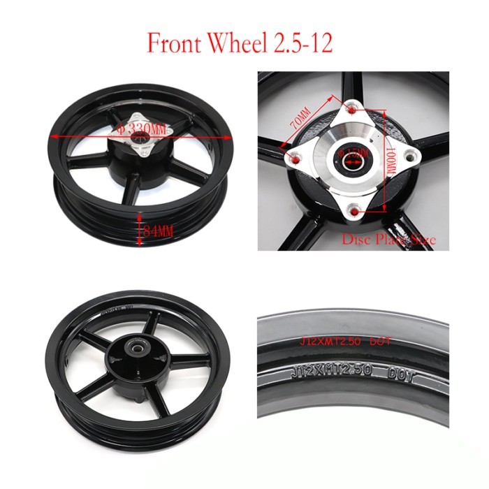 12/15mm hole 2.50/2.75-12inch Front & 3.00/3.50-12inch Rear Dirt bike Pit Bike Vacuum Wheel Rim Fro