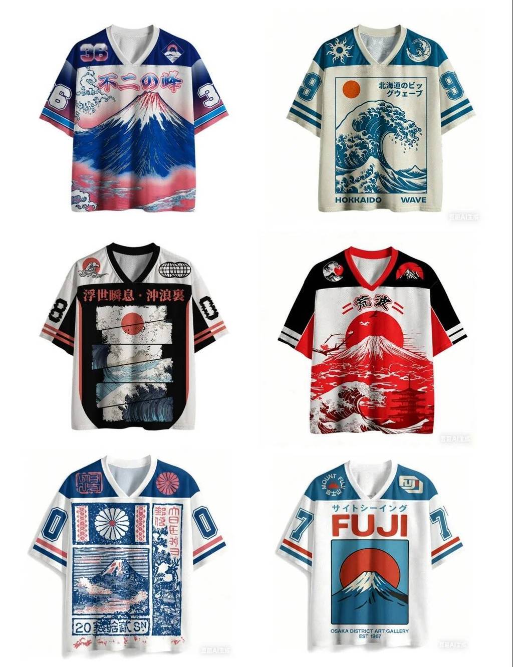 สไตล์ฮาราจูกุล่าสุด Y2K ผู้ใหญ่และเด็ก Fuji Mountain, Hokkaido Retro Ukiyo-e 3D พิมพ์ V คอ Raglan Sleeve Jersey เสื้อยืด