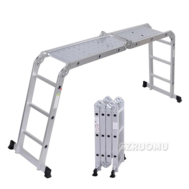 3.7M Folding Work Platform Aluminum Drywall Stool Ladder Heavy Duty Work Bench W/ Non-Slip Feet for