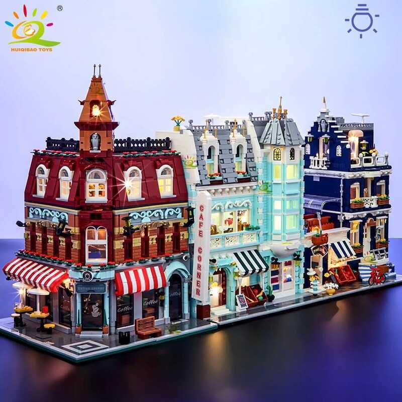 C HUIQIBAO Toys MOC City Corner Coffee Shop Architecture Style Street View Micro Building Bloc For
