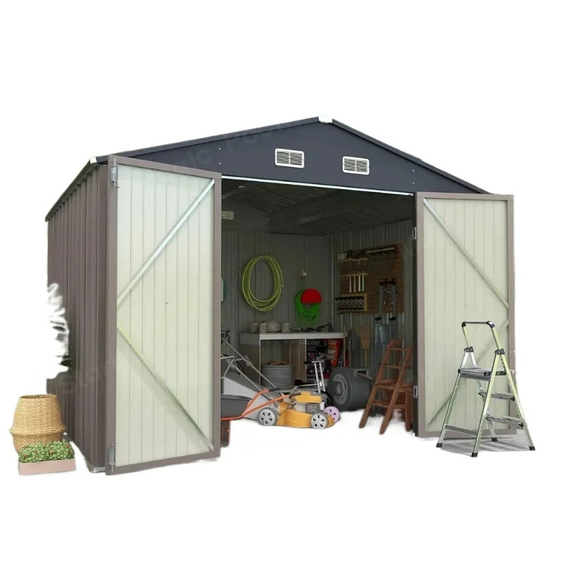 10x8 FT Outdoor Storage Shed, Large Garden Tool Metal Shed with Sloping Roof and Double Lockable Do