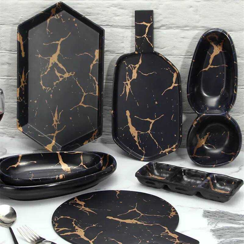 C Marble Texture Imitation Melamine Plate BBQ Tableware Cake Fruits Plates Snack Tray Outdoor Party