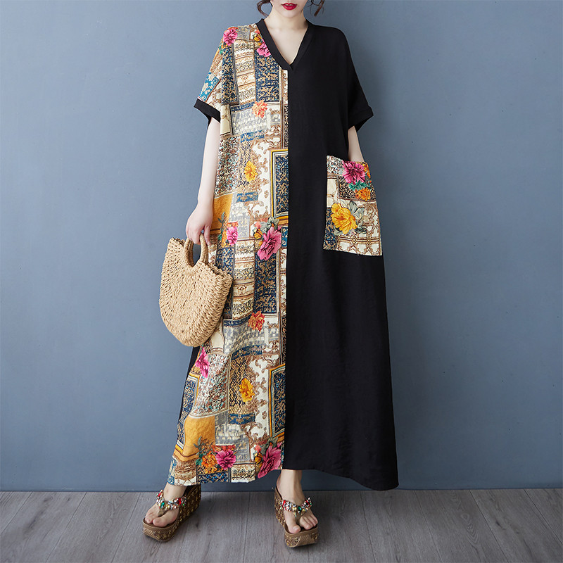 ชุดโบฮีเมียนแขนสั้น Oladivi L-9XL Plus พิมพ์ลาย ใส่สบาย ขนาดใหญ่ เหมาะสำหรับใส่ลำลองในฤดูร้อน รหัส 9