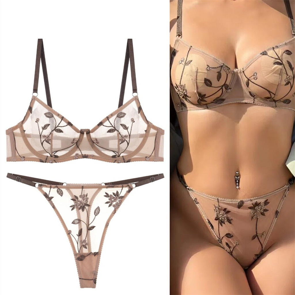 Bra set Floral & Leaf Stitching Bra – Sheer Underwire Mesh Support