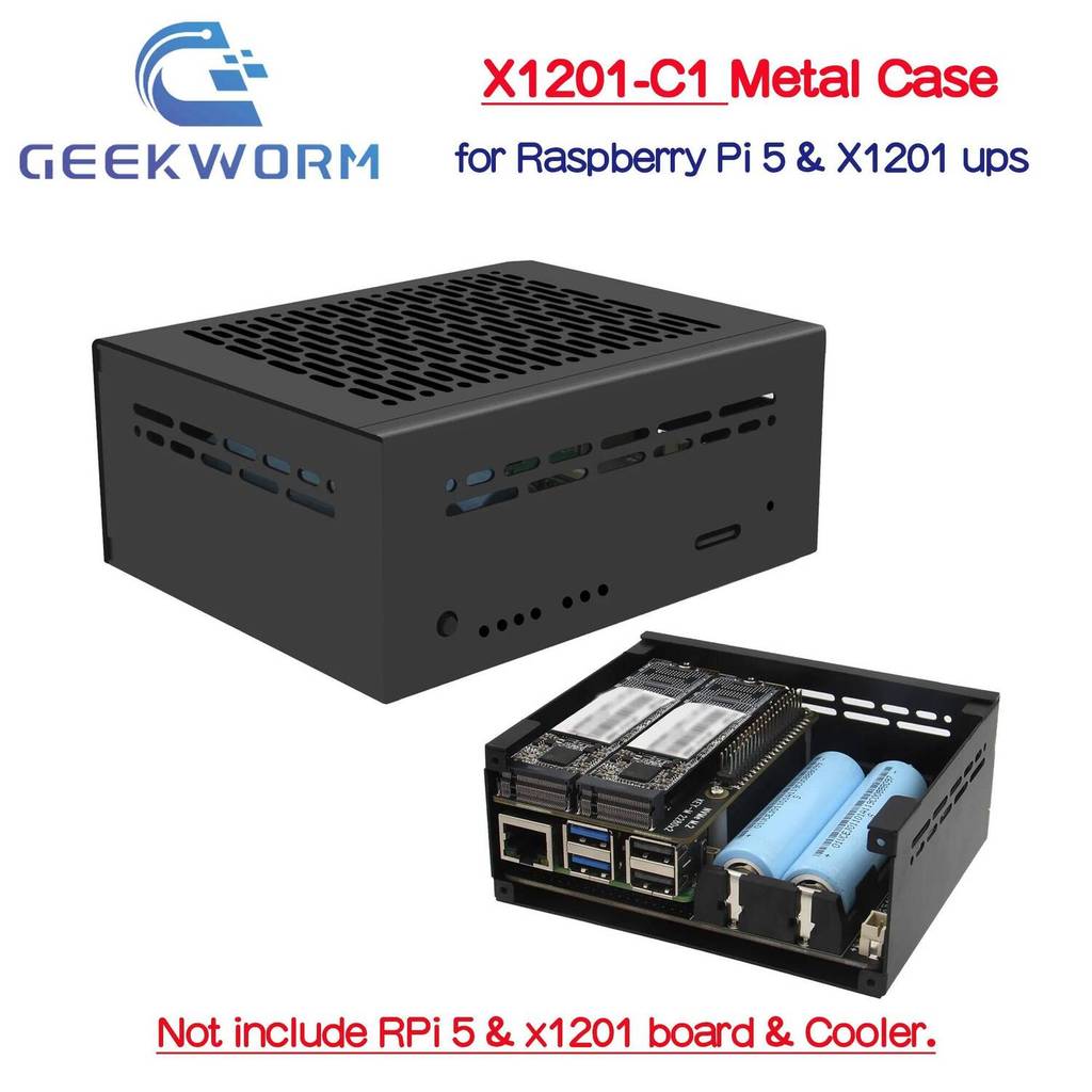 Geekworm X1201-C1 เคสโลหะสําหรับ Raspberry Pi 5 & X1201 บอร์ด UPS
