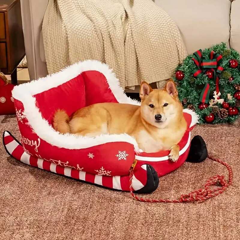 C Christmas Sleigh Bed Removable Washable Plush Pet Warm Sofa With Non-Slip Base Christmas Cat Dog