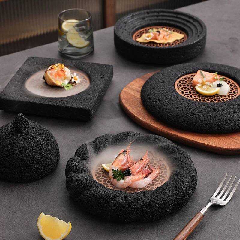 C Creative Volcano Stone Plate Japanese Hotel Tableware Sushi Set Plate Circular Steak Plate Dining