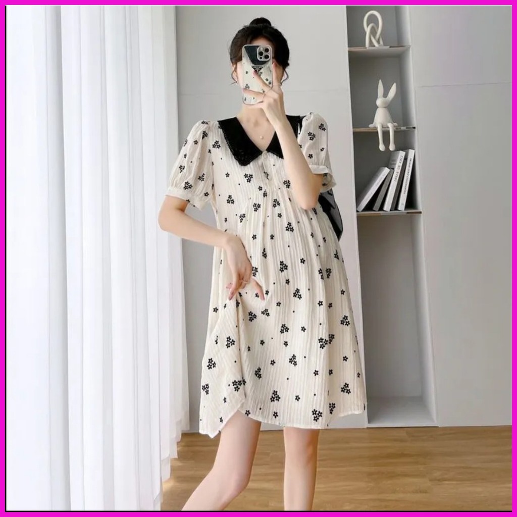 4XL ชุดคลุมท้อง ชุดลายดอกไม้ ชุดฝรั่งเศส สไตล์หวาน ชุดคลุมท้องแฟชั่นน่ารัก