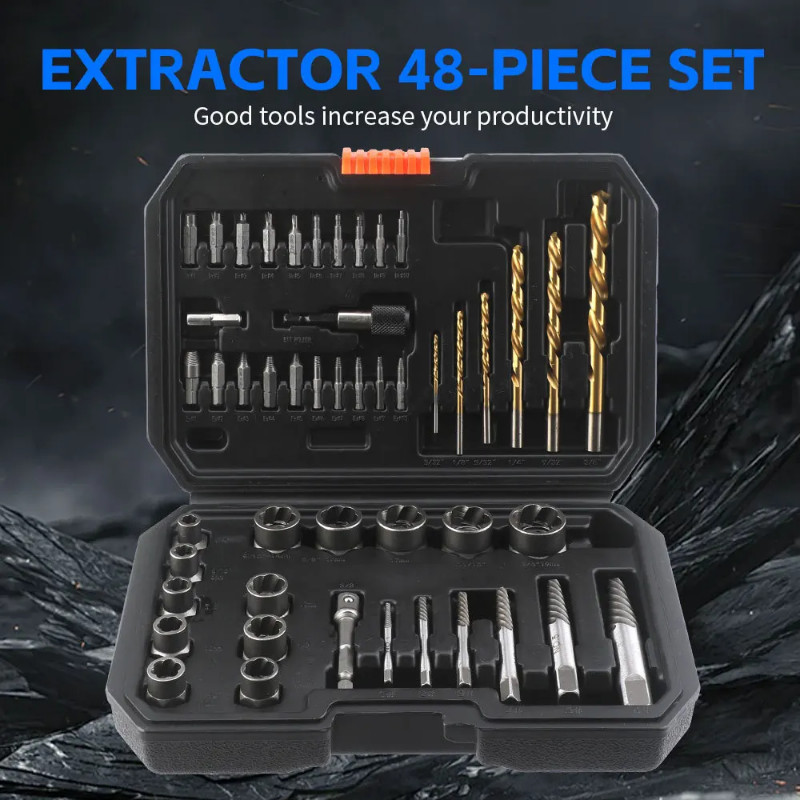 48 PCS Set Impact Bolt Extractor Screw Extractor Set Stripped Screw Remover Bolt Extractor HSS Dril